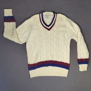 Vtg Henry Pollock V-Neck Pullover Cable Knit Varsity Tennis Cricket Sweater 6